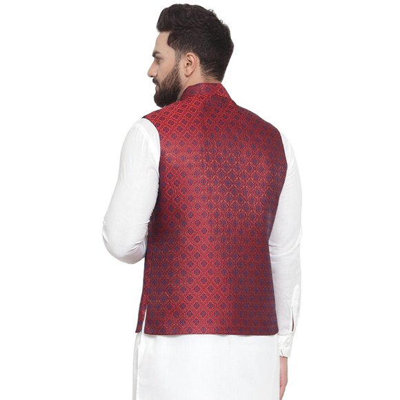 Sleeveless Traditional Brocade Silk Fabric Maroon Nehru Jacket by Treemoda - Picture 3 of 5